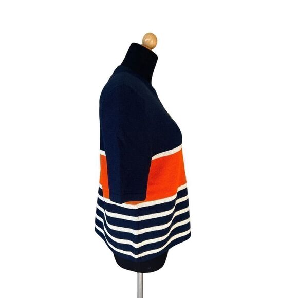 ST. JOHN WOMENS NAVY ORANGE AND GOLD SHORT SLEEVE SWEATER SIZE 10 - Picture 4 of 6